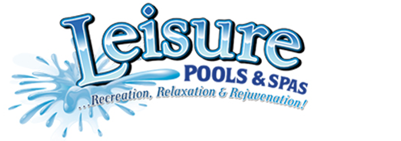 Leisure Pools & Spas logo featuring stylized text with water splash, representing relaxation and leisure products like saunas, pools, and spas.