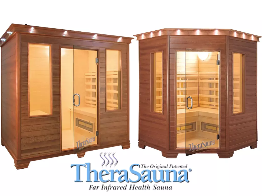 Two large TheraSauna infrared health saunas with glass doors and wooden exteriors, showcasing their spacious interiors and design features, emphasizing relaxation and wellness benefits.