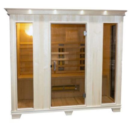 Two-person far infrared sauna featuring a smoke glass door, two side windows, soft touch LCD control panel, and elegant lighting, made from non-toxic aspen hardwood, designed for relaxation and health benefits.