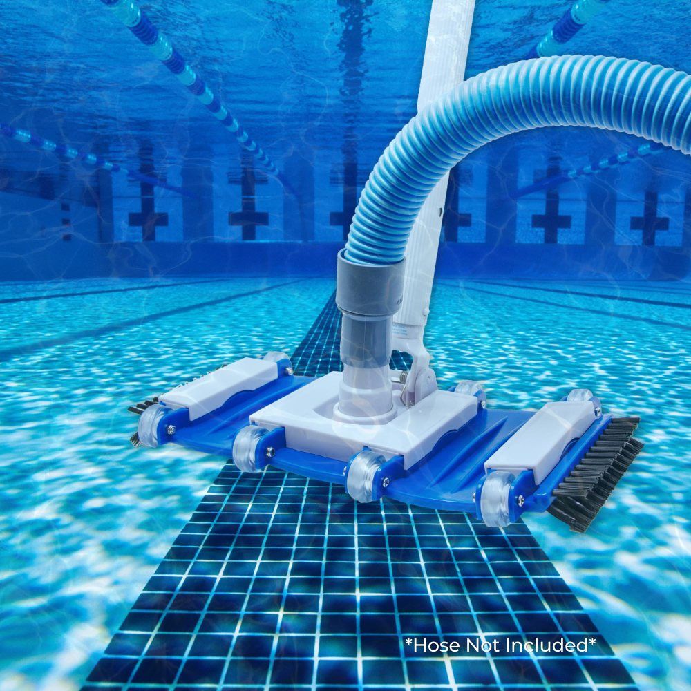 Pool vacuum cleaner in action, underwater, featuring a blue design and a flexible hose attachment, emphasizing pool maintenance and cleanliness.