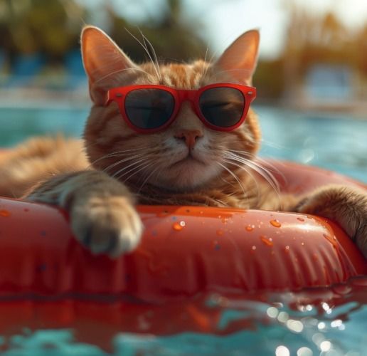 Cat wearing red sunglasses lounging on an orange pool float in a swimming pool, emphasizing relaxation and summer enjoyment related to pool maintenance and care.