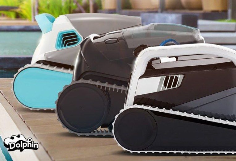 Dolphin pool cleaning robots in various colors, showcasing advanced design for efficient pool maintenance.