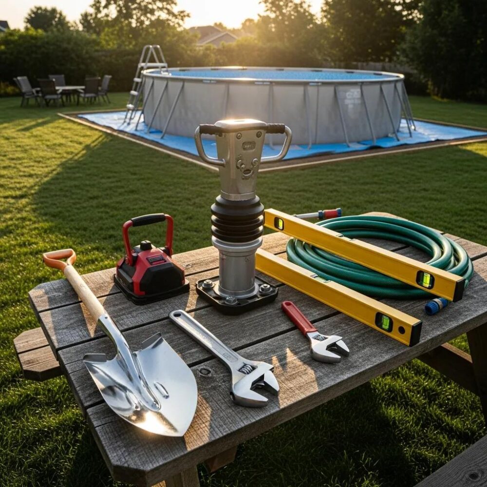 Essential tools for above-ground pool installation, including shovel, tamper, levels, wrench, and hose, arranged on a wooden table with a pool in the background.