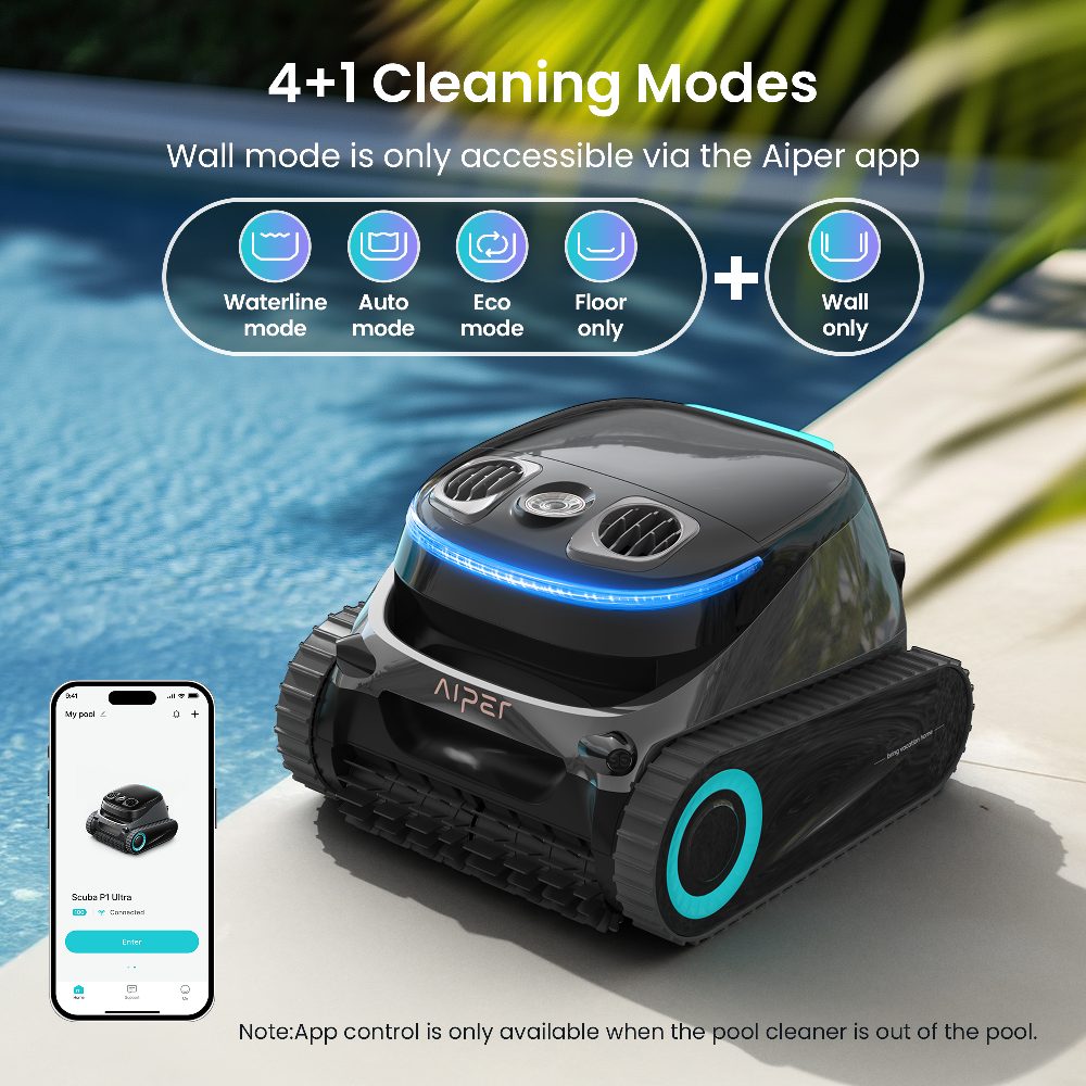 Aiper Scuba P1 Ultra robotic pool cleaner with app control features, showcasing multiple cleaning modes beside a swimming pool.