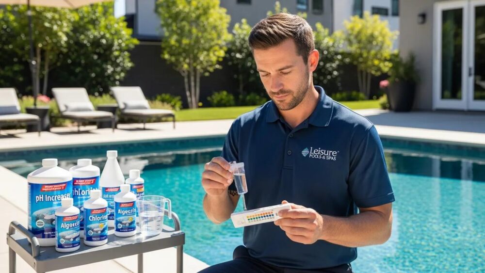 Expert from Leisure Pools & Spas using pool chemical balancing treatments