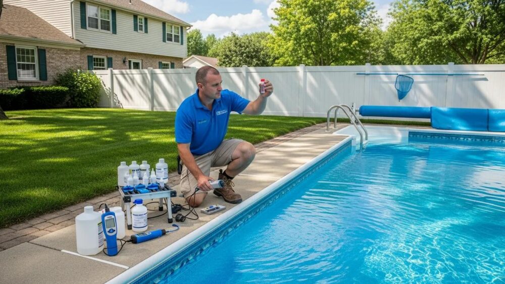 Technician inspecting a residential pool in Brookfield