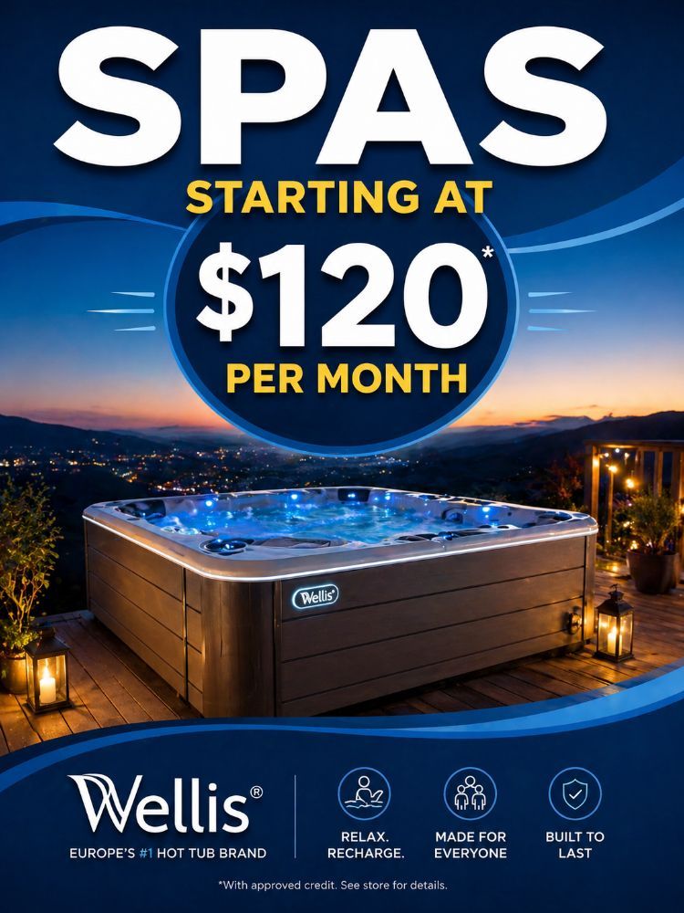 Spas starting at $120 per month from Wellis, featuring a luxurious hot tub in a serene outdoor setting, illuminated by soft lights, promoting relaxation and recharge.