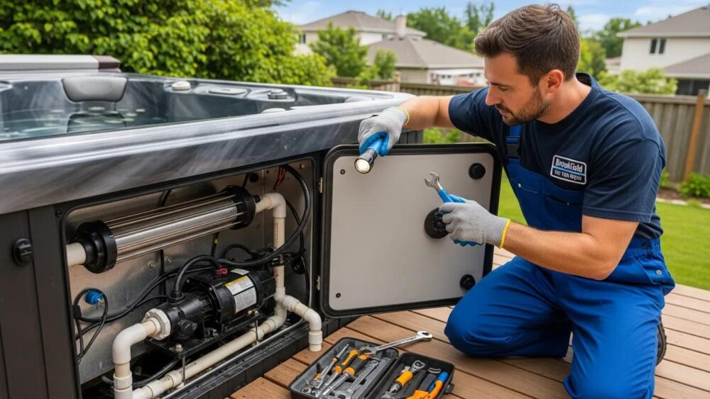 Brookfield hot tub repair technicians servicing heater and pump