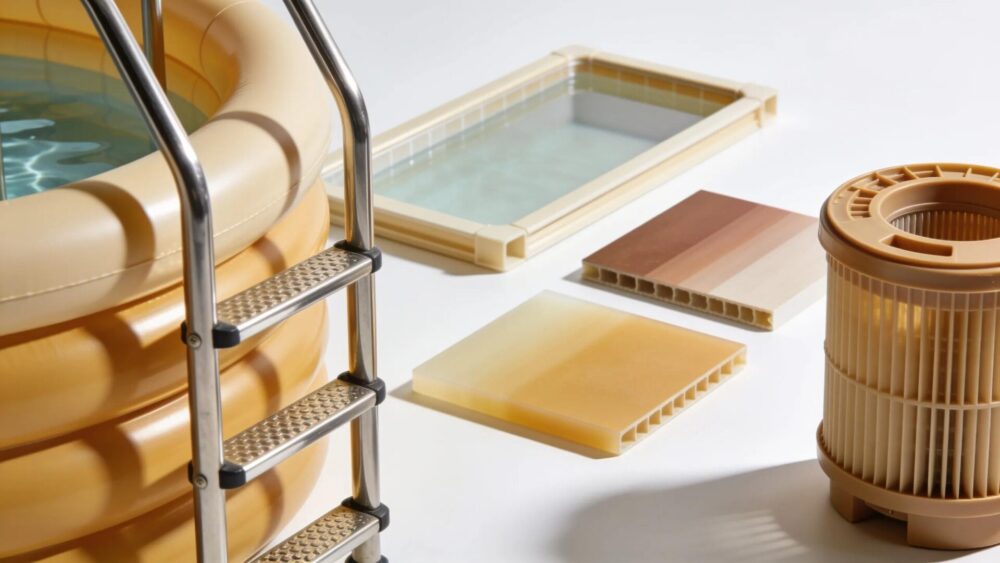 Variety of above-ground pool materials including vinyl and fiberglass showcasing differences in textures