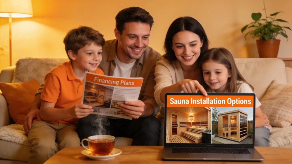 Family discussing sauna installation options at home, representing financing strategies for wellness investments