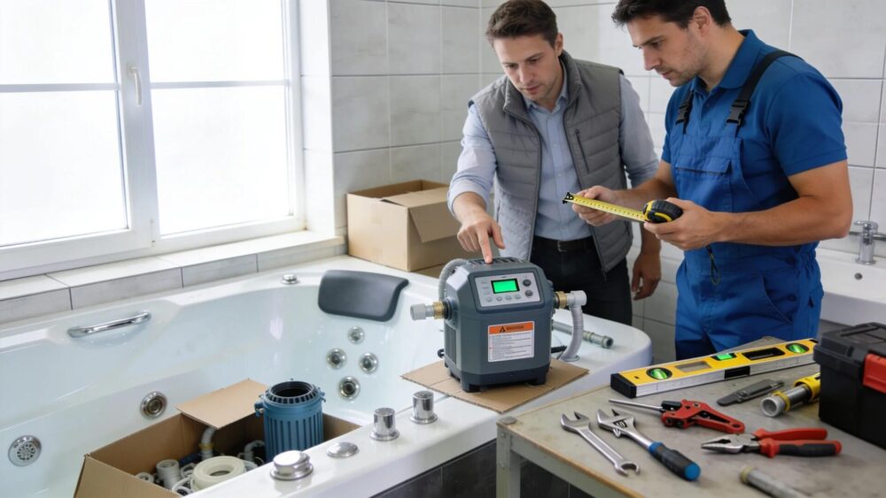 Professional technician installing a home spa, emphasizing quality and expertise
