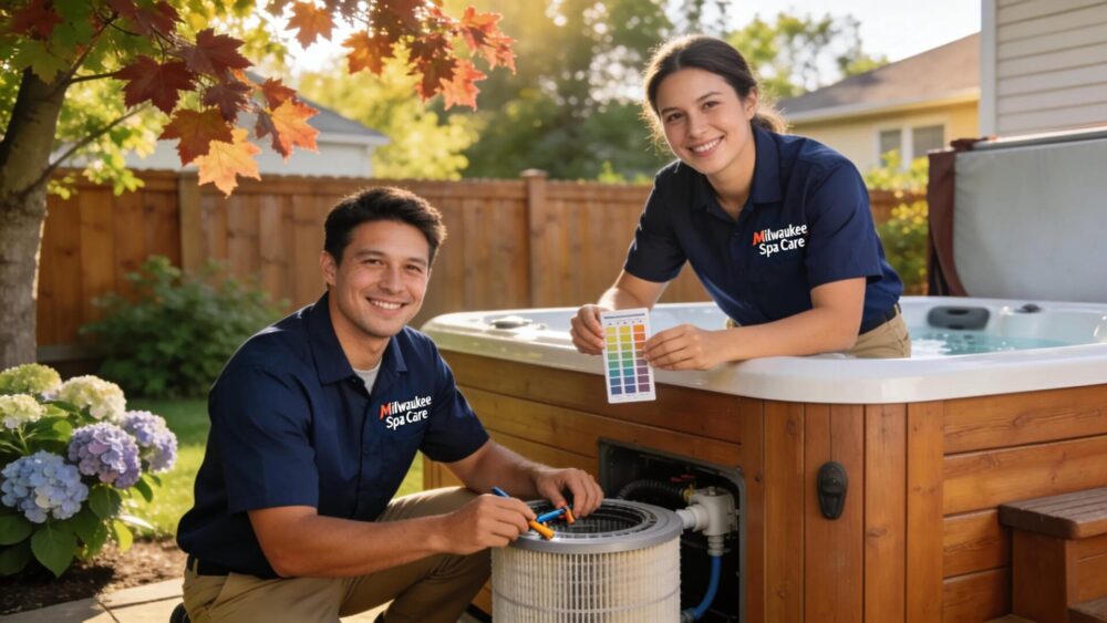 Local spa maintenance team servicing a hot tub, highlighting community-based expertise