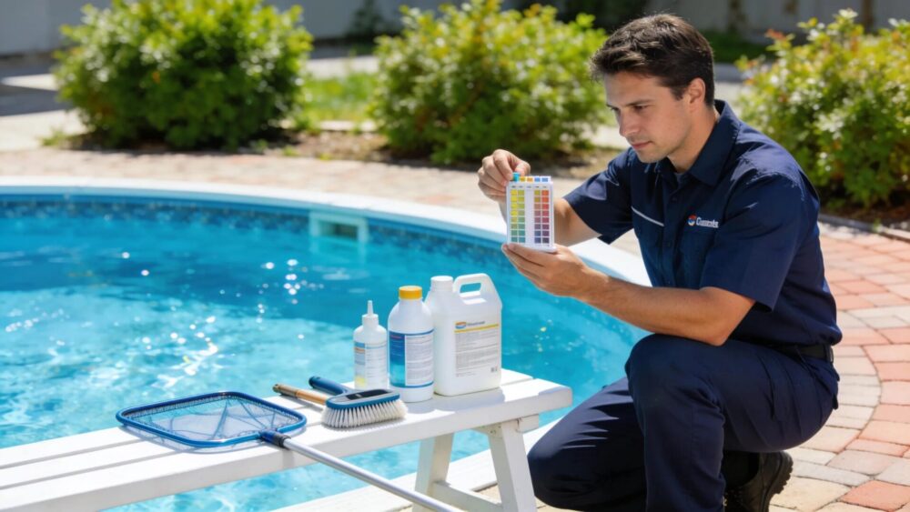 Pool maintenance professional checking water chemistry for an above-ground pool in Wisconsin