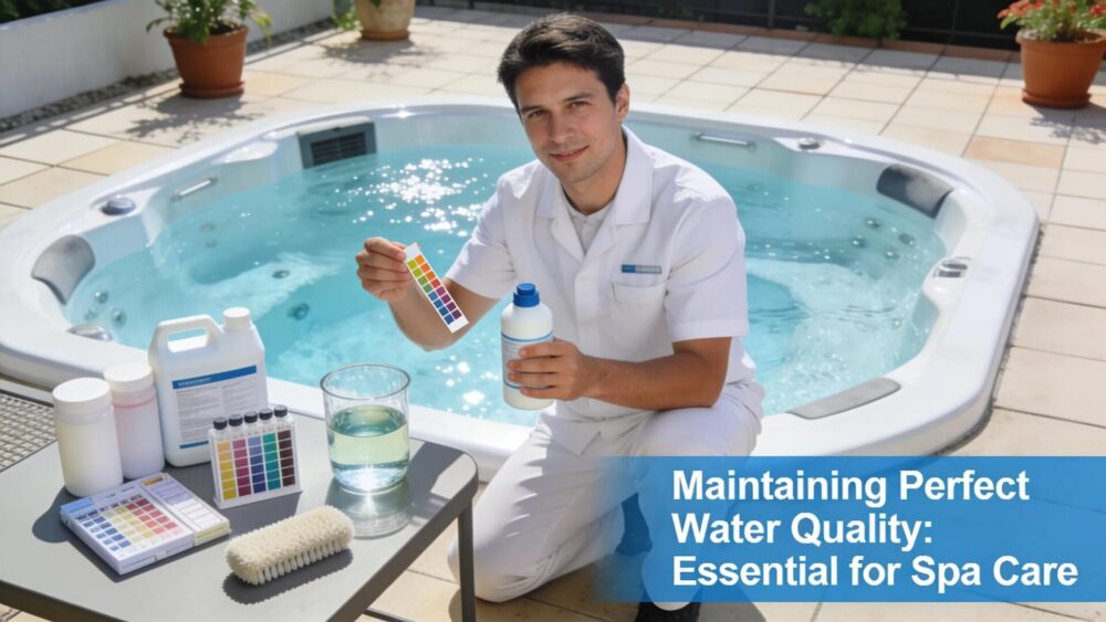 Technician testing hot tub water for chemical balance, illustrating routine maintenance practices