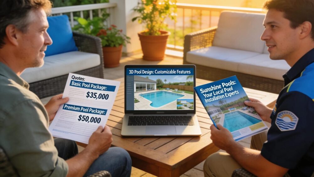 Homeowner discussing pool installation options with a professional installer outdoors