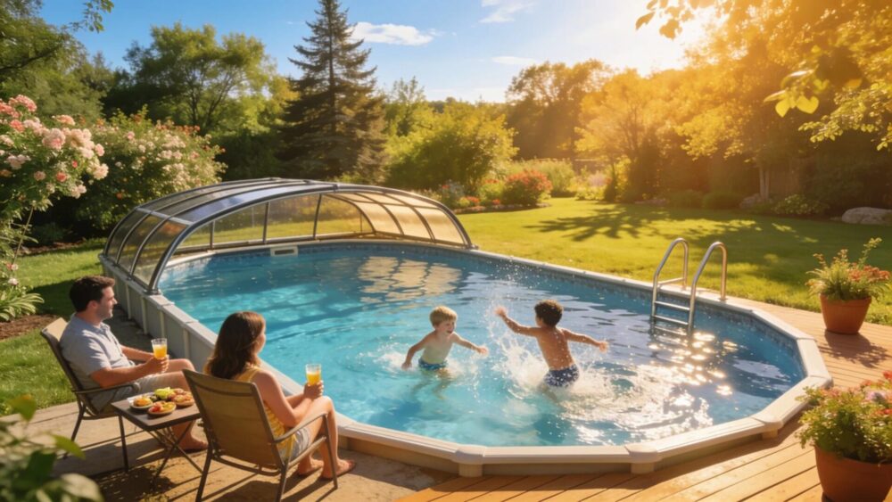 Above ground pool in a landscaped backyard, showcasing family leisure and enjoyment in Brookfield, WI