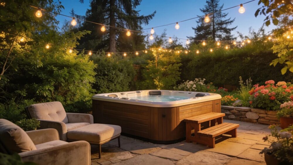 Luxurious backyard hot tub installation surrounded by greenery and cozy seating