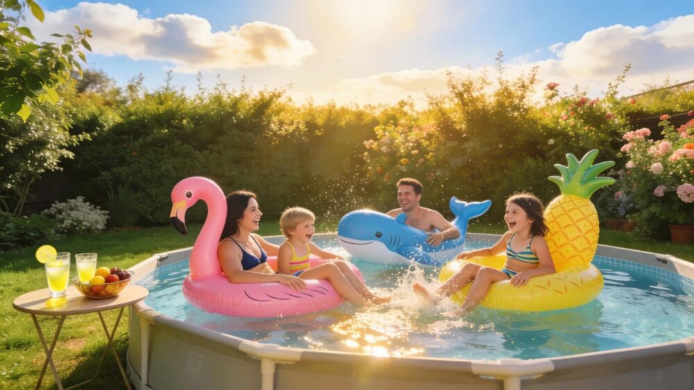 Family enjoying a sunny day by an above-ground pool with vibrant landscaping in Wisconsin