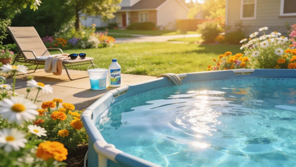Above-ground pool in Brookfield surrounded by greenery and pool maintenance products for optimum safety and enjoyment