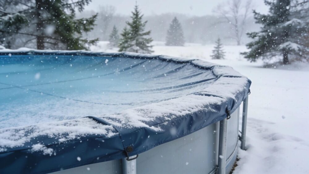 Winterized above ground pool with a protective cover in a snowy Wisconsin backyard