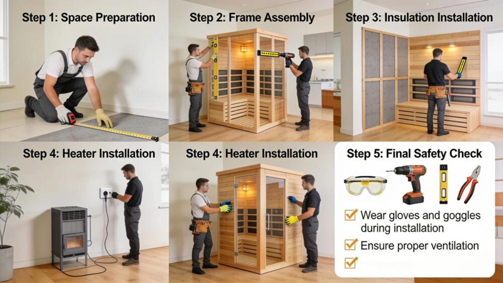 Professional installation of a sauna in a home, showcasing the installation process and safety precautions