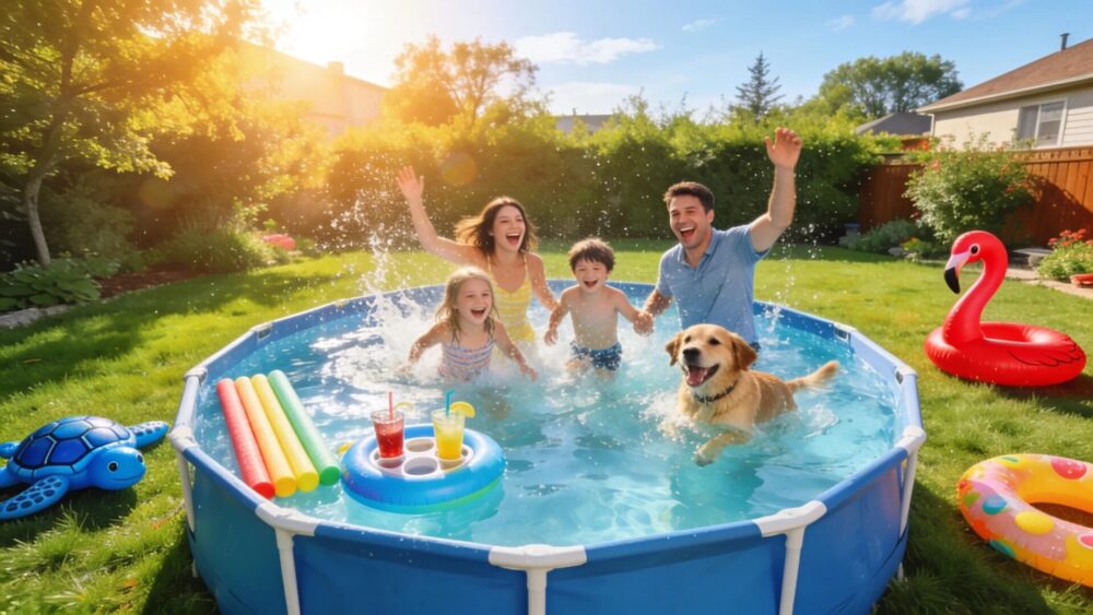 Family enjoying an above-ground pool in a sunny Milwaukee backyard