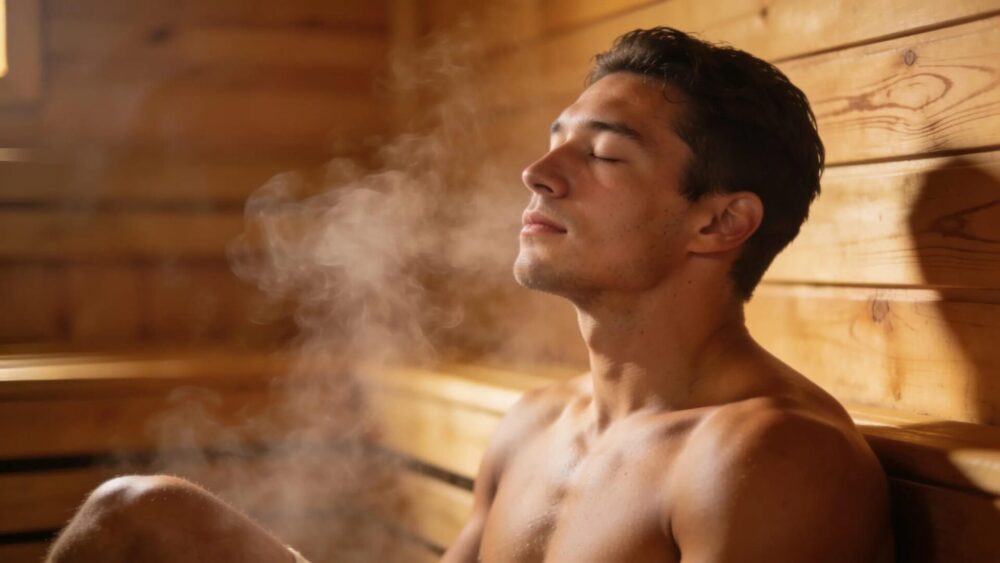 Athlete relaxing in a sauna, highlighting recovery and mental wellness benefits