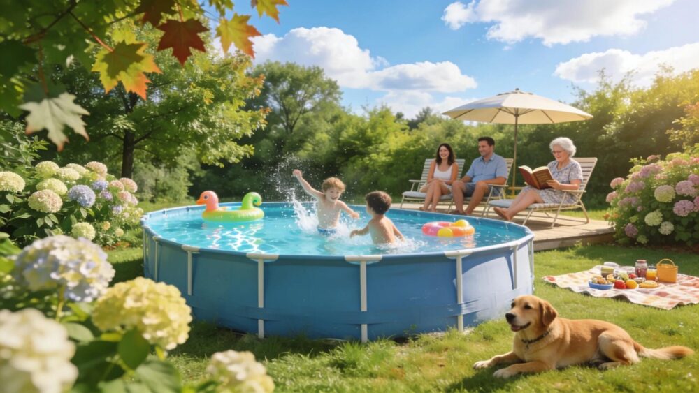 Families enjoying an above ground pool in a Wisconsin backyard