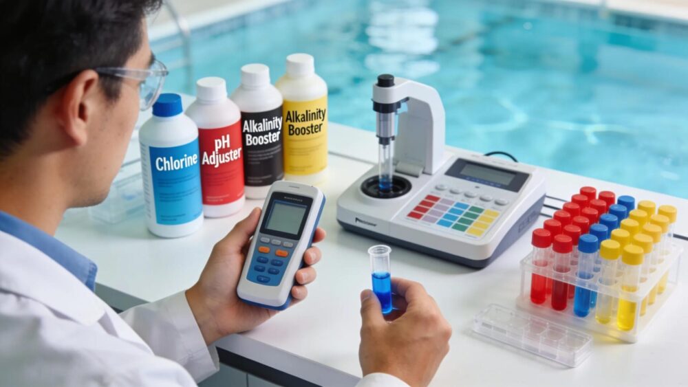 Technician conducting pool water chemistry tests, emphasizing the importance of chemical balancing for safe swimming