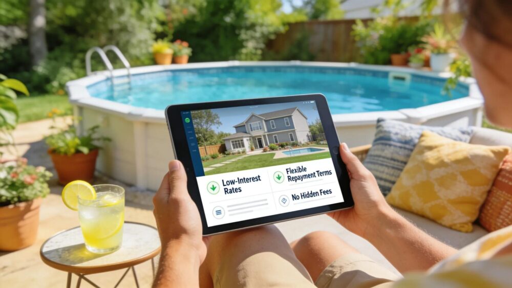 Person exploring financing options for above-ground pools on a tablet in a pleasant outdoor setting