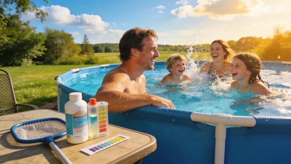 Family enjoying a summer day by an above ground pool with maintenance products in a Wisconsin backyard