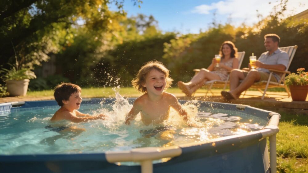 Family enjoying a sunny day by their above-ground pool, highlighting summer joy and relaxation